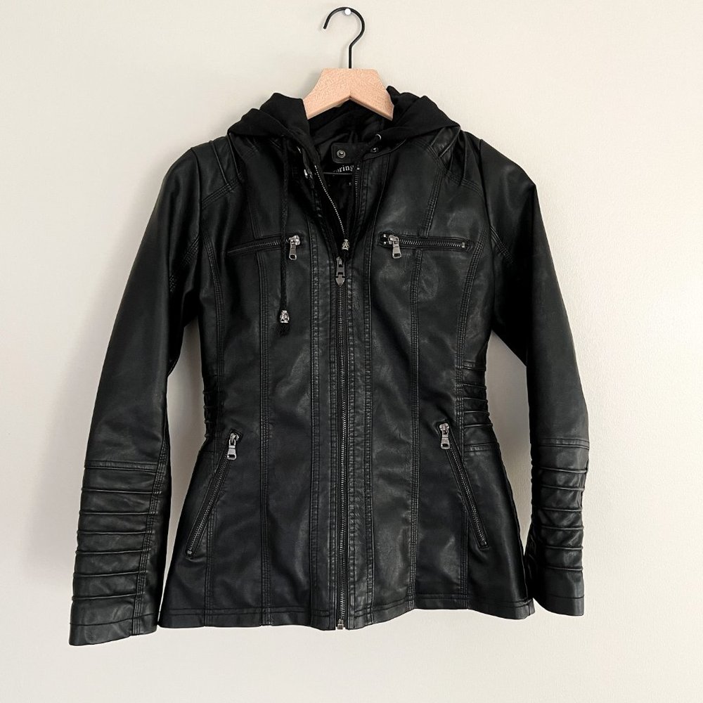 Black Leather Jacket with Detachable Hood - Picture 4 of 8